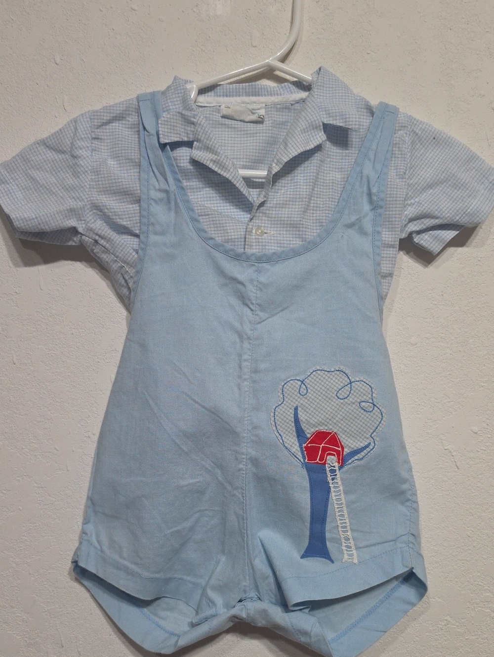 Vintage Light Blue Kids Matching Set with Treehouse Appliqué